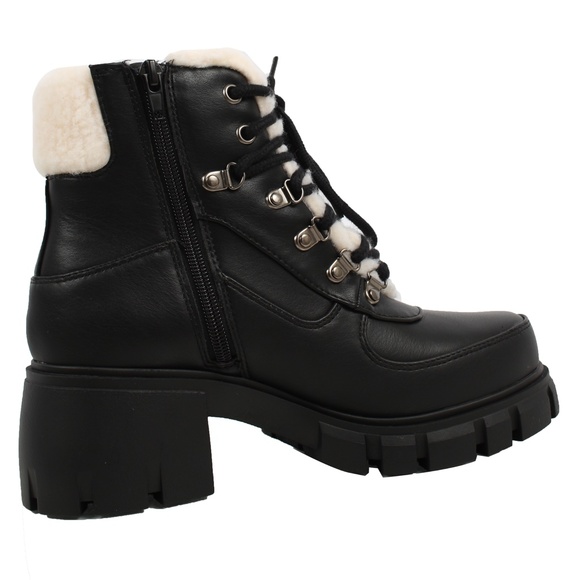 Black Faux Leather Shearling Trim Lug Winter Ankle Bootie - Picture 4 of 7